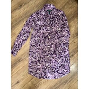 Lauren Ralph Lauren Womens Paisley Print Button Up Sleep Dress Purple Size S